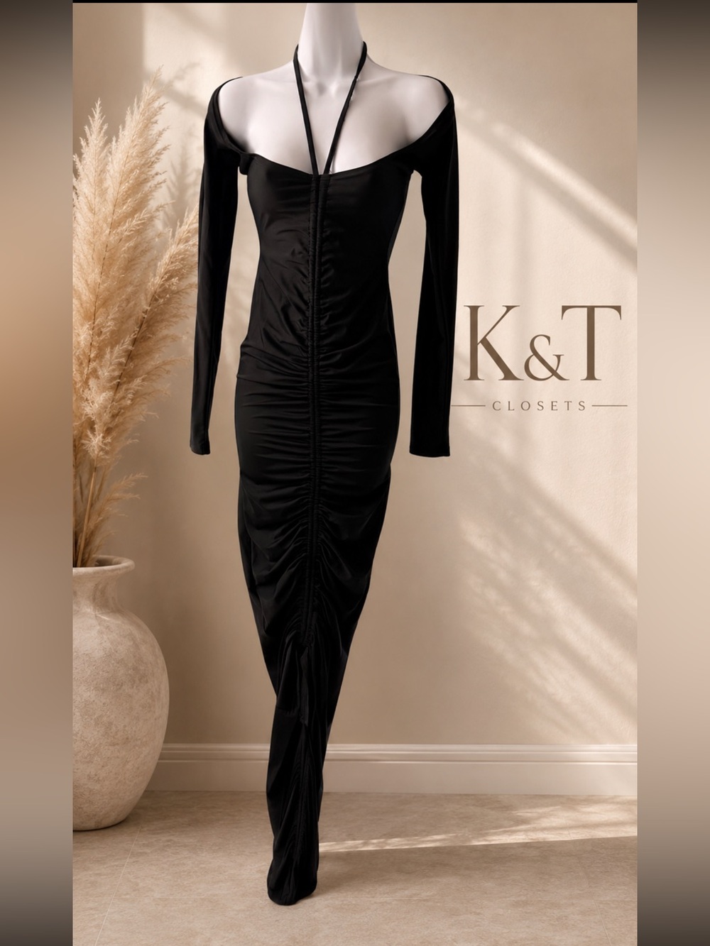 Fashion Nova Black Off-Shoulder Ruched Halter Long Sleeve Midi Dress